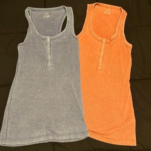 Two aerie tanks blue and burnt orange (or cinnamon)